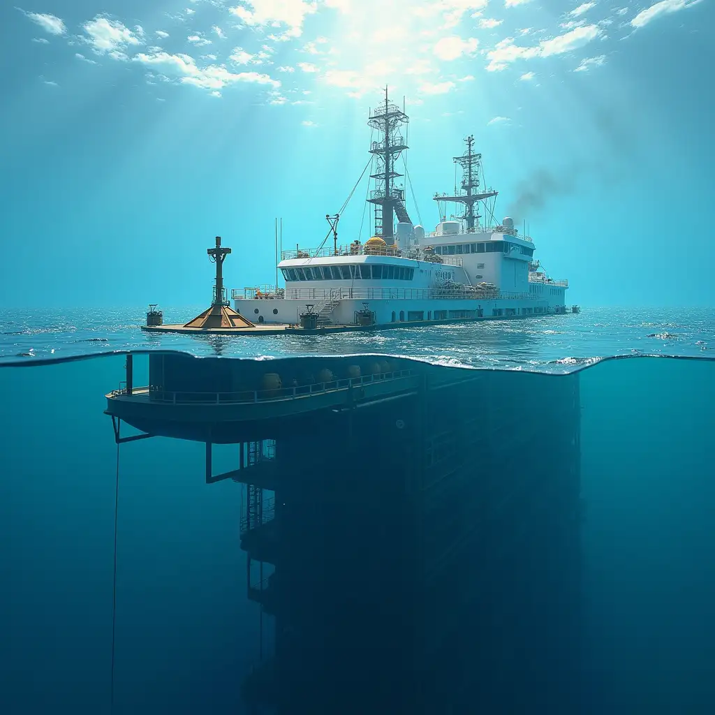 Generate an offshore geotechnical vessel with equipment under water that are transparent