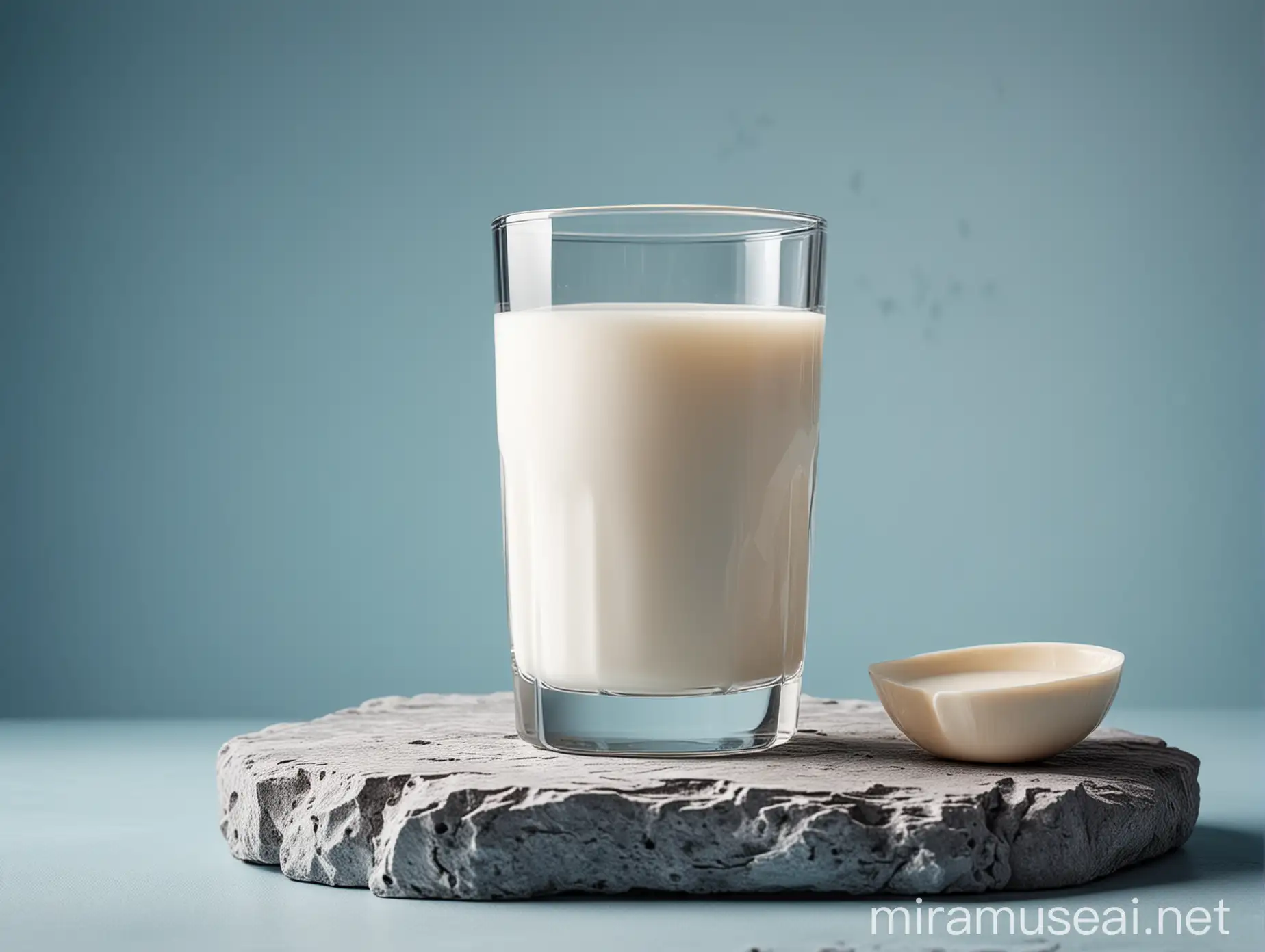 Minimalist Glass of Milk on Stone with Light Blue Background