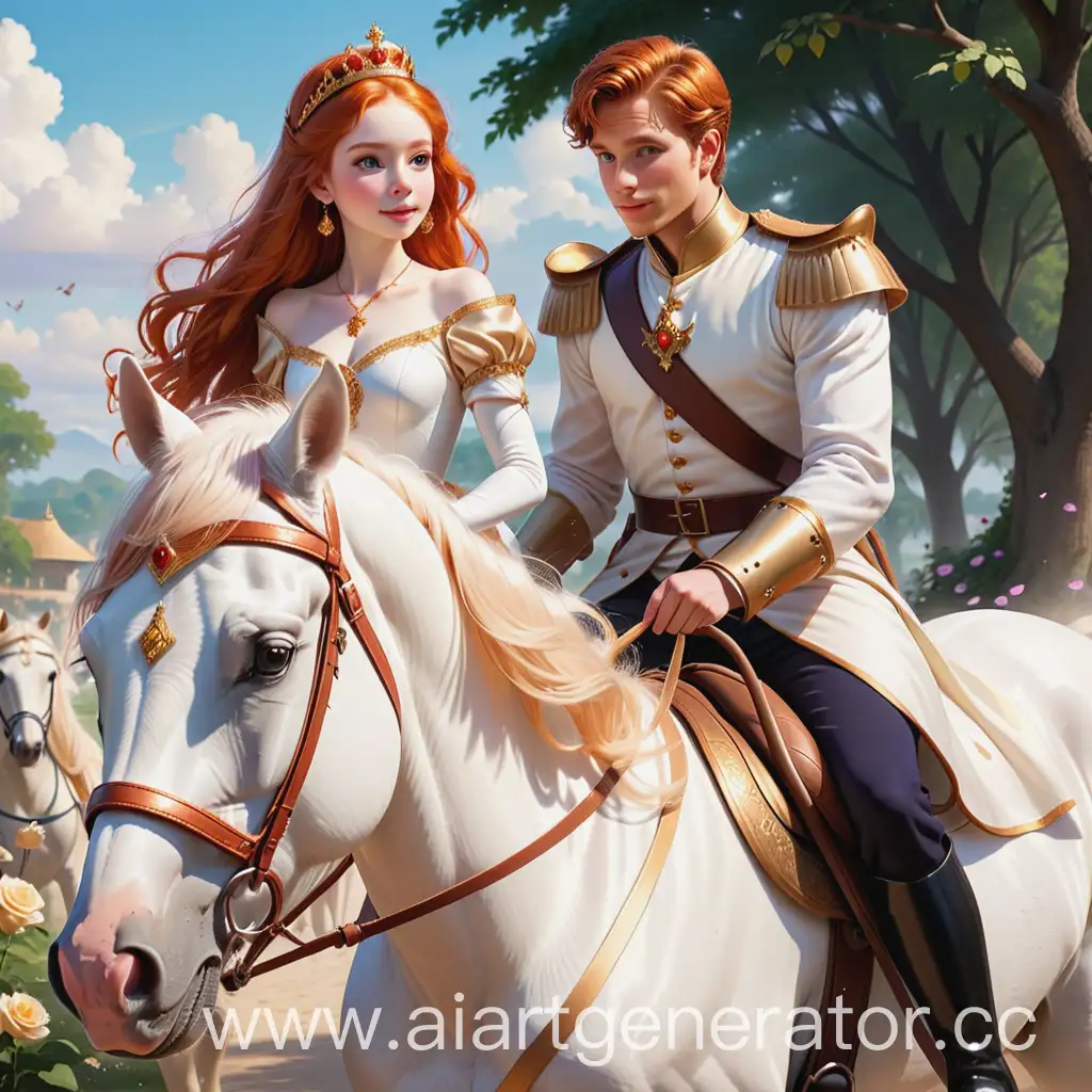 Ginger-Princess-Riding-White-Horse-with-Prince-in-Fantasy-Landscape