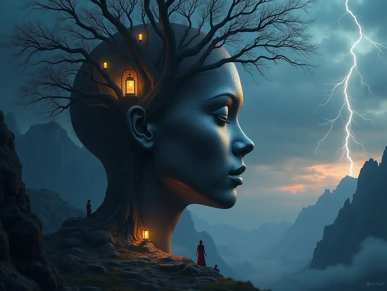 Creating a digital painting face with hair transformed into building with silver stone and Illuminated trees with branches and lantern and alien creatures on a mountain and lightning