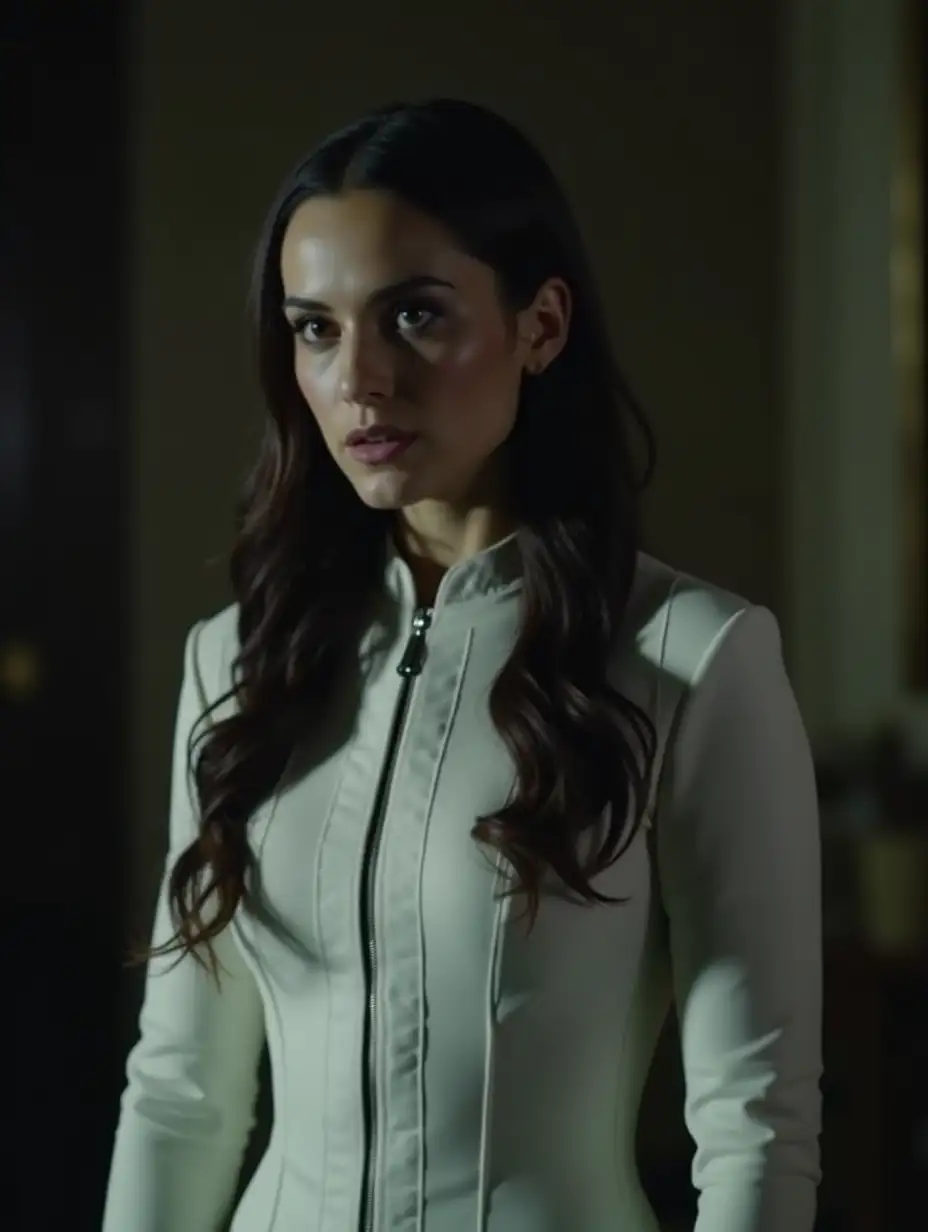 Teagan Croft as Rachel Roth from DC Titans Live-action Show Season 4 as the vessel of Lucifer (Based on Female Sam Winchester accurate Supernatural Lucifer all-white attire and accurate dark hairstyle). Inside a manor at Night Setting. Half Length Photo.