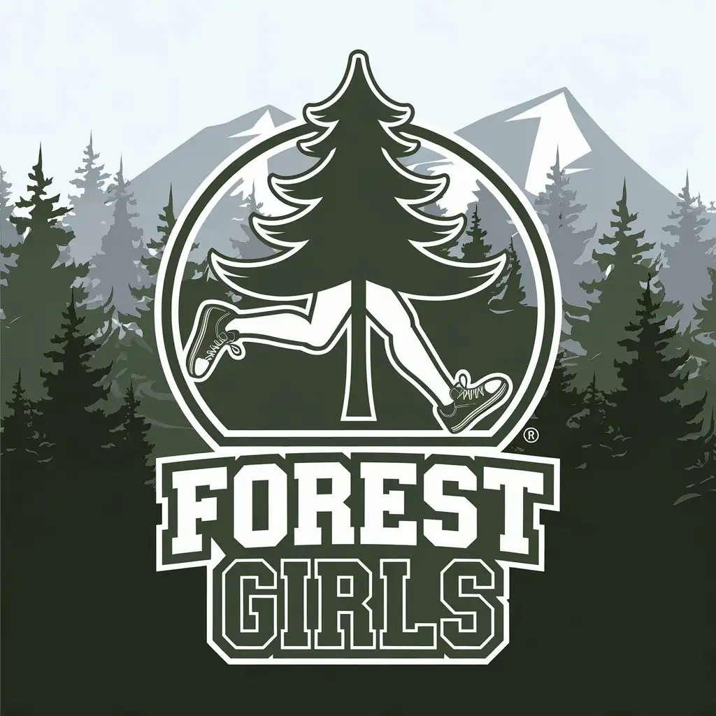 LOGO Design for Forest Girls Running Fir Tree with Female Legs in Sneakers and Mountain Background for Sports Fitness