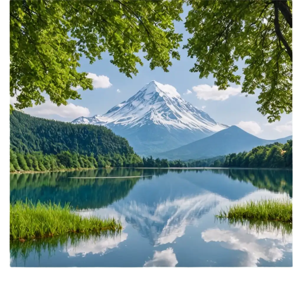 Serene-and-Majestic-Nature-Landscape-PNG-A-Calm-Lake-Lush-Trees-and-Majestic-Mountains