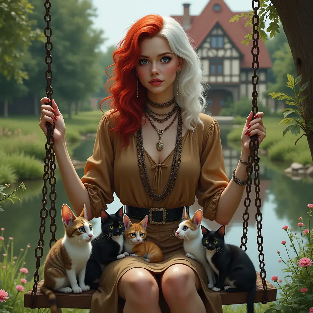 A woman with red and white hair and blue eyes with many chains a brown blouse sitting on a swing in the garden with five cats in her hand,pond,rabbits and behind a beautiful house