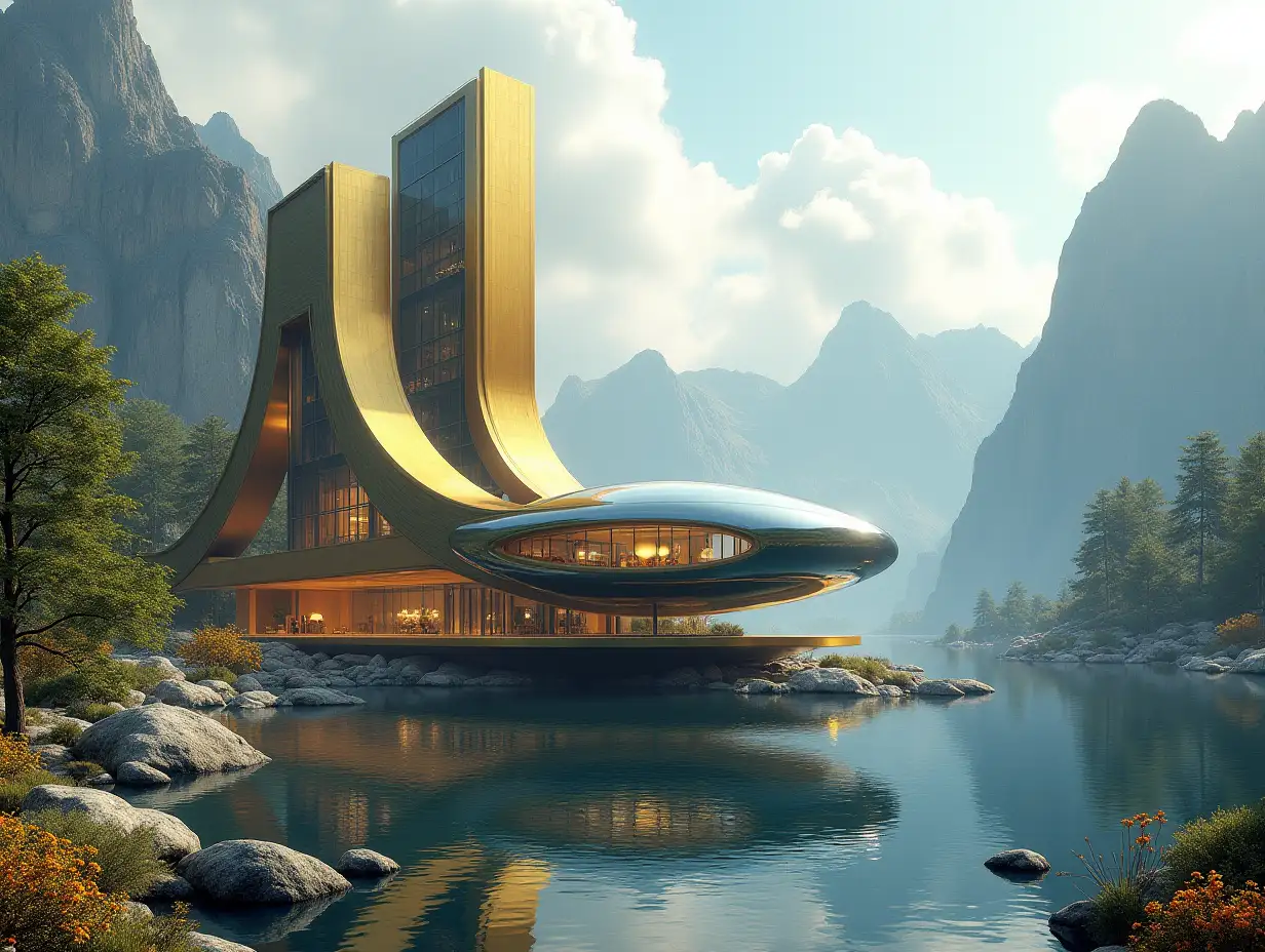 Create a high-resolution realistic image in 4k resolution a futuristic gold with black building with curved pillars, mountains large trees, rocks flowers a futuristic glass boat with glass window cloudy sky