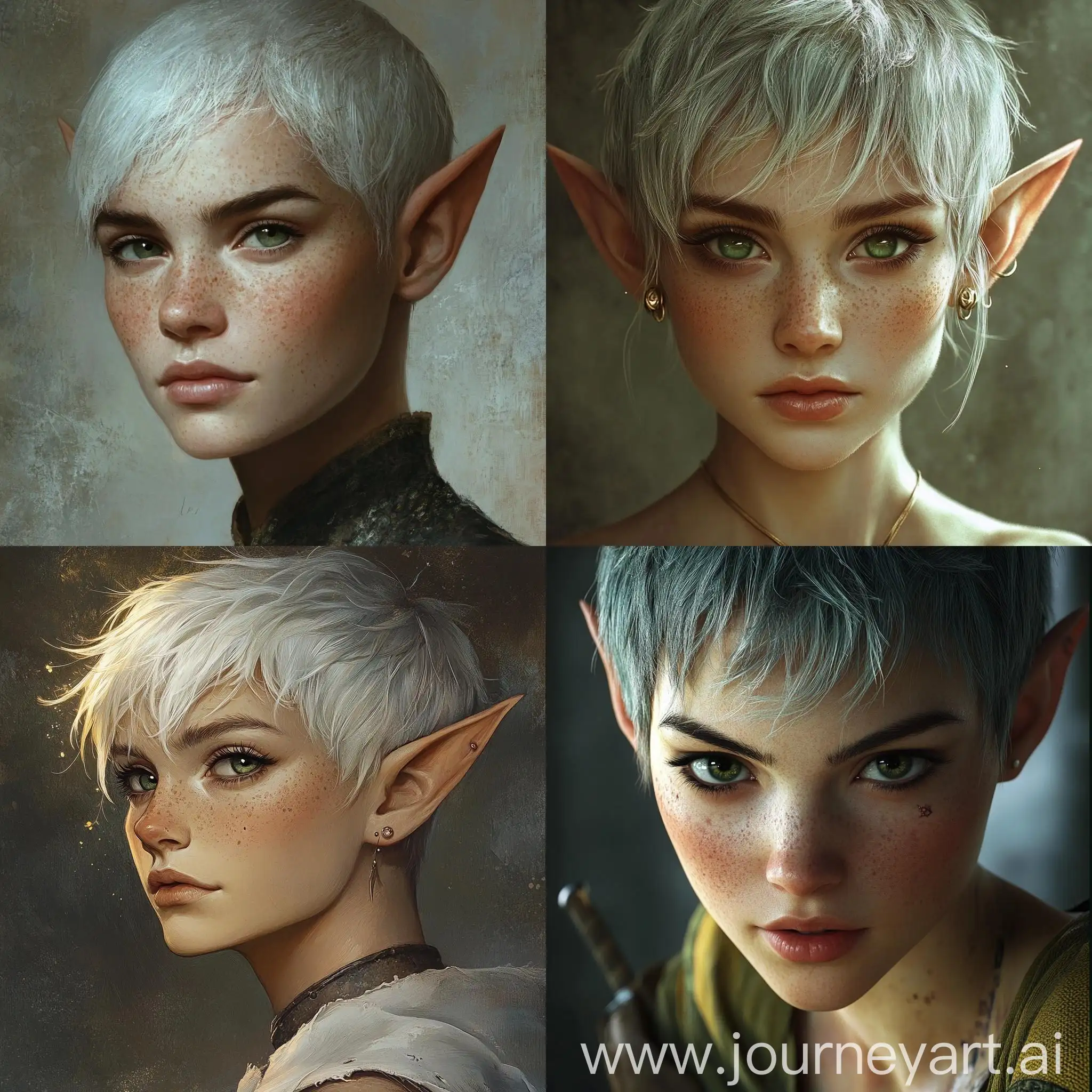 Elf-with-Unique-Features-Short-Blueish-Gray-Hair-Green-Eyes-and-Freckles