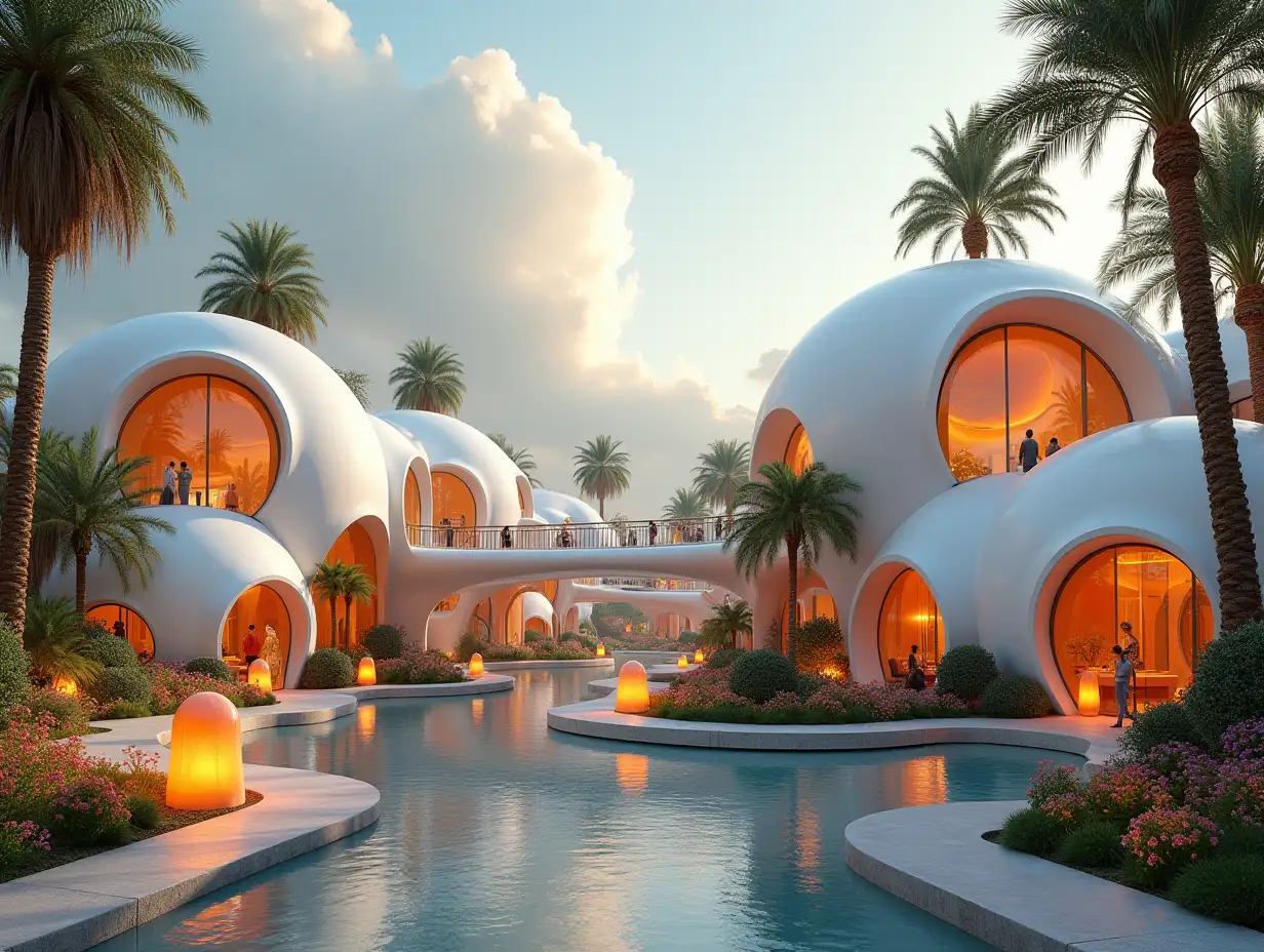 Create a high-resolution, realistic panorama image of a futuristic bubble palace with windows and bridges, people, many plants and colorful flowers on white and orange facades in front of lit up lanterns on the sidewalk of a desert oasis, large trees, very cloudy sky