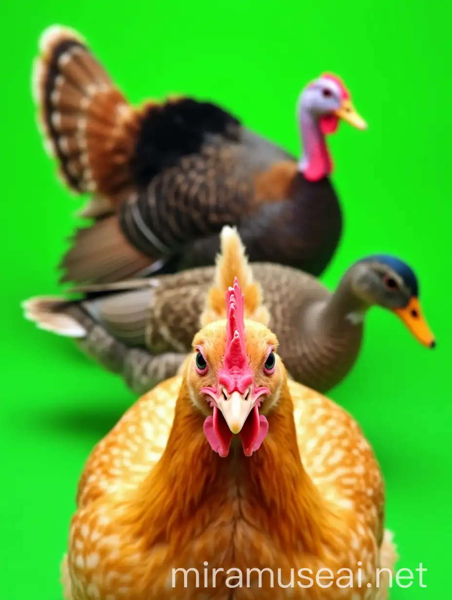 Vibrant Feathered Trio CloseUp Chicken Proud Turkey and Background Duck