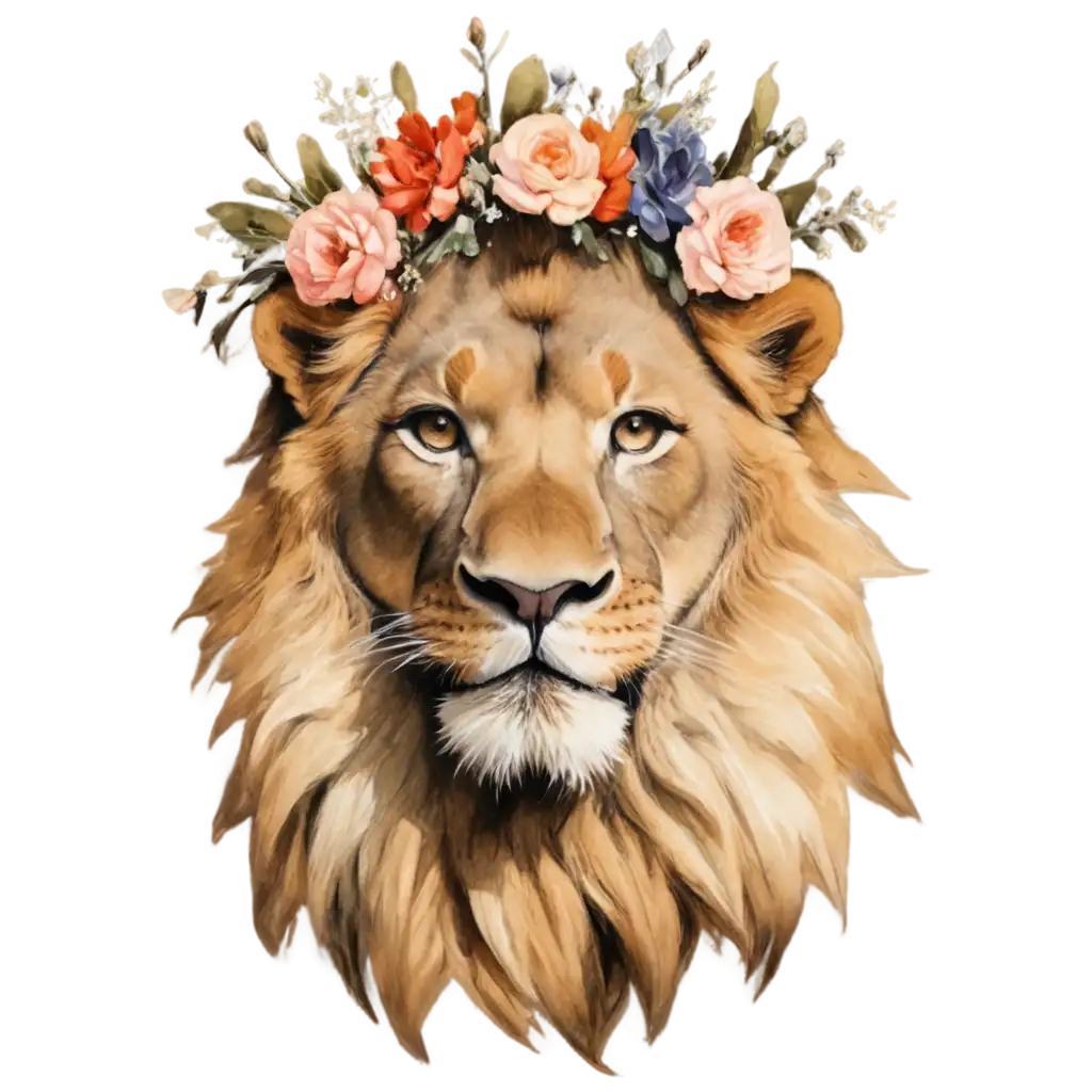 Stunning-PNG-Sketch-of-a-Lion-Adorned-with-a-Flower-Crown-for-Creative-Projects