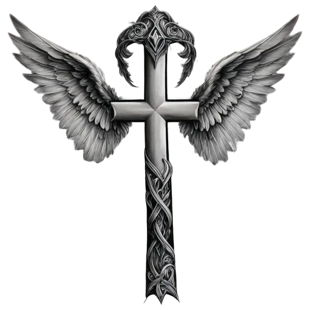 Realistic-Black-and-Grey-Tattoo-Styled-Cross-with-Angel-Wings-PNG-Image