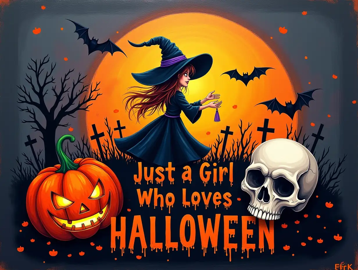 vector, Oil painting, 64k. Create a Halloween-themed with a design that includes a witch, a pumpkin, a bat, and a skull. featuring the word 'Just a Girl Who Loves Halloween' in bold, center.