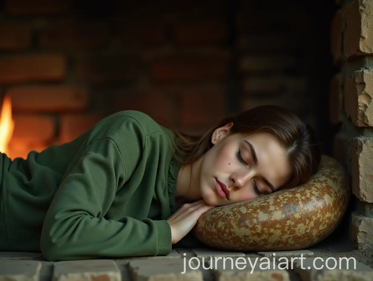 Sleeping-Woman-in-Green-Clothing-by-Fireplace-in-Rustic-Stone-and-Wood-House