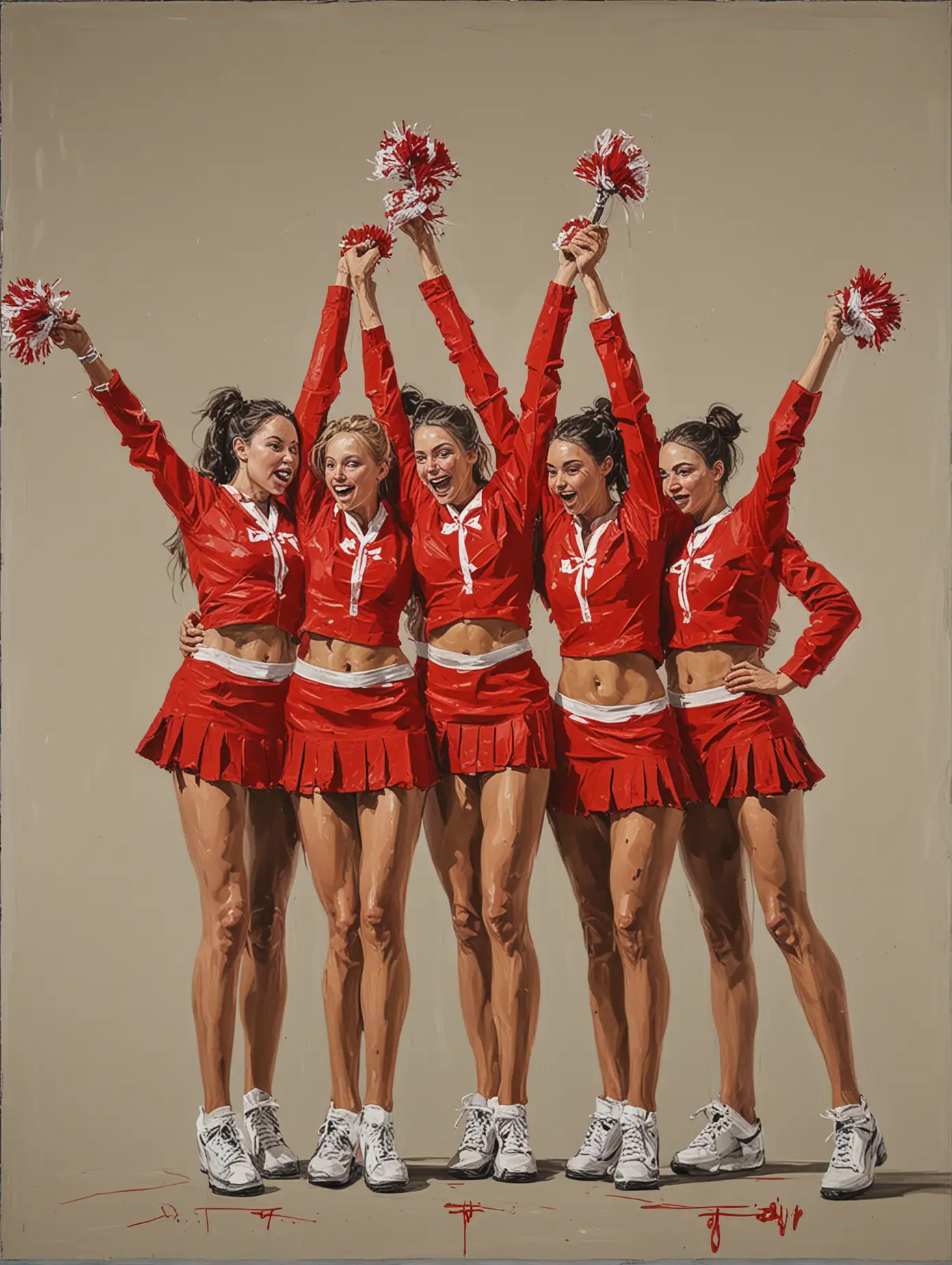 Georg Baselitz style contemporary painting featuring  a team of college cheerleaders wearing red uniform in synchronized pose formation , matte texture, abstraction influences, displayed as if in the Museum of Modern Art with an imagined provenance suitable for Christie's fine art auction, modern art, dramatic lighting, ultra fine detail.