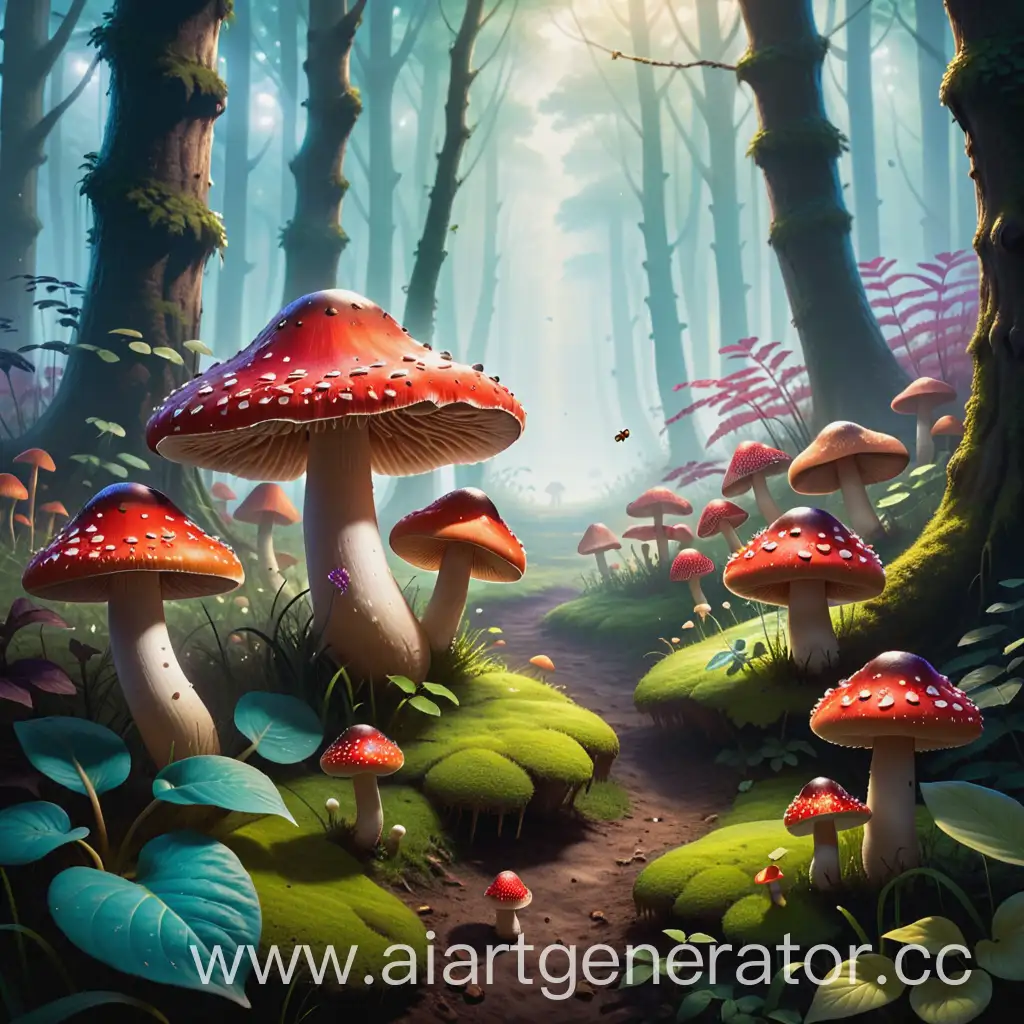 Enchanted-Mushroom-Meadow-with-Bees-Flying-in-Misty-Air