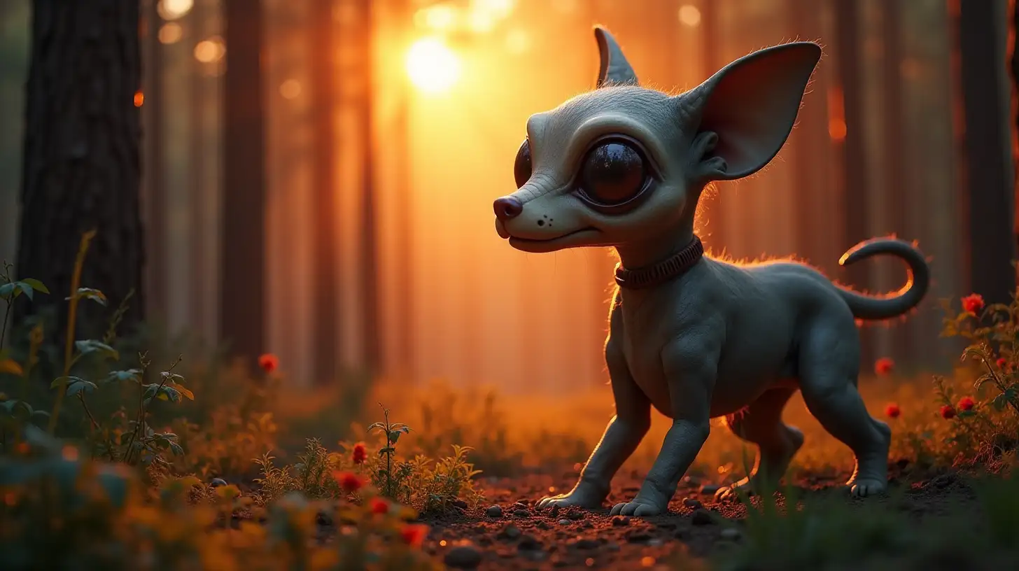 Alien DogLike Creature in a Mystical Forest Glade at Sunrise