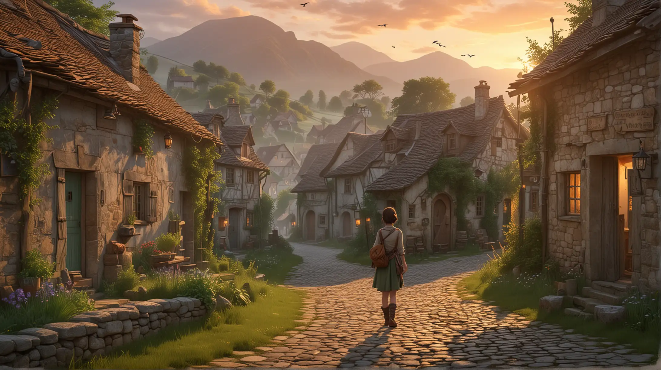 Serene Village at Dawn with Young Adventurer Elara Holding Ancient Map