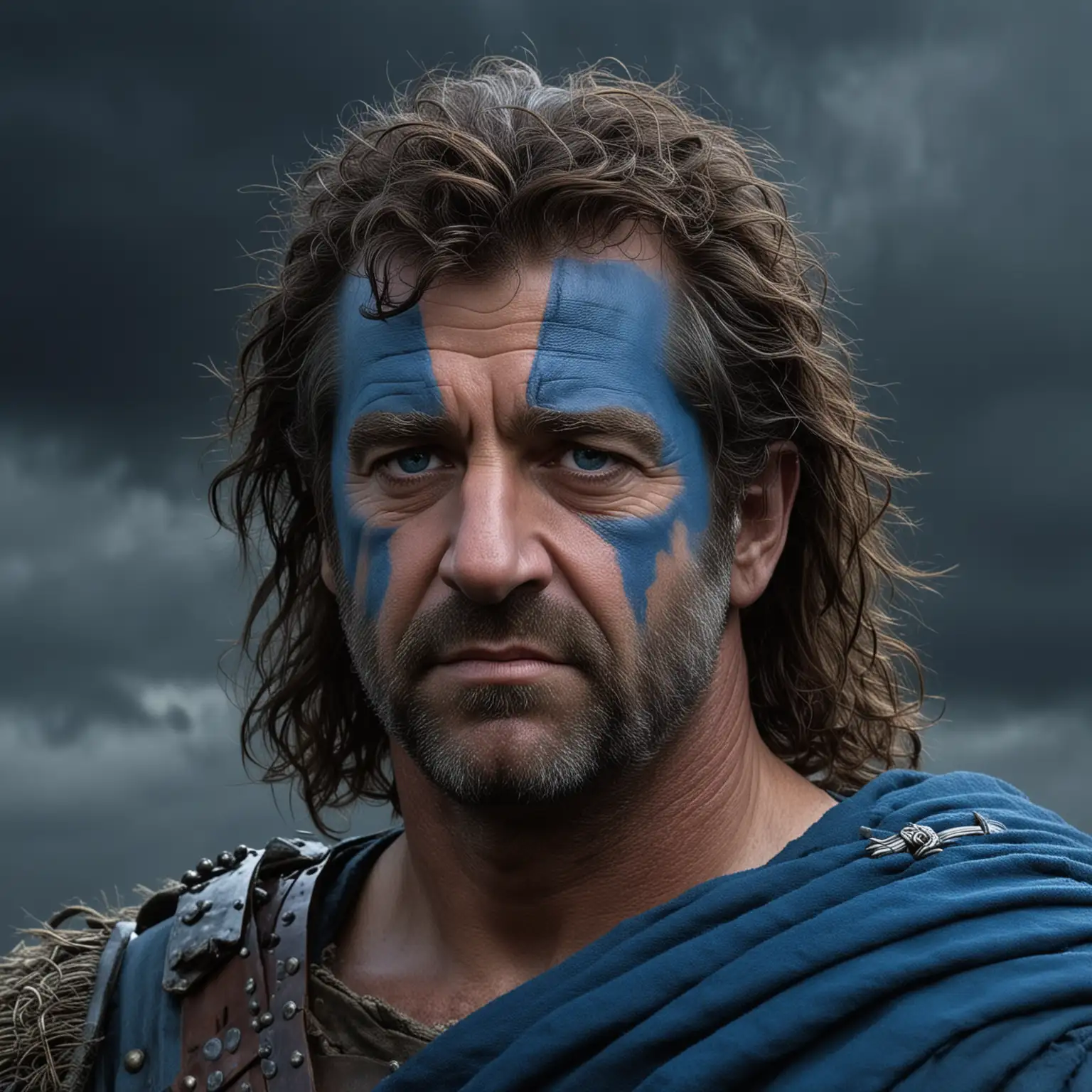 View strictly from the front: William Wallace played by Mel Gibson, portrait, most of the image is taken up by the face, beautifully painted blue. In the background is a dark sky.