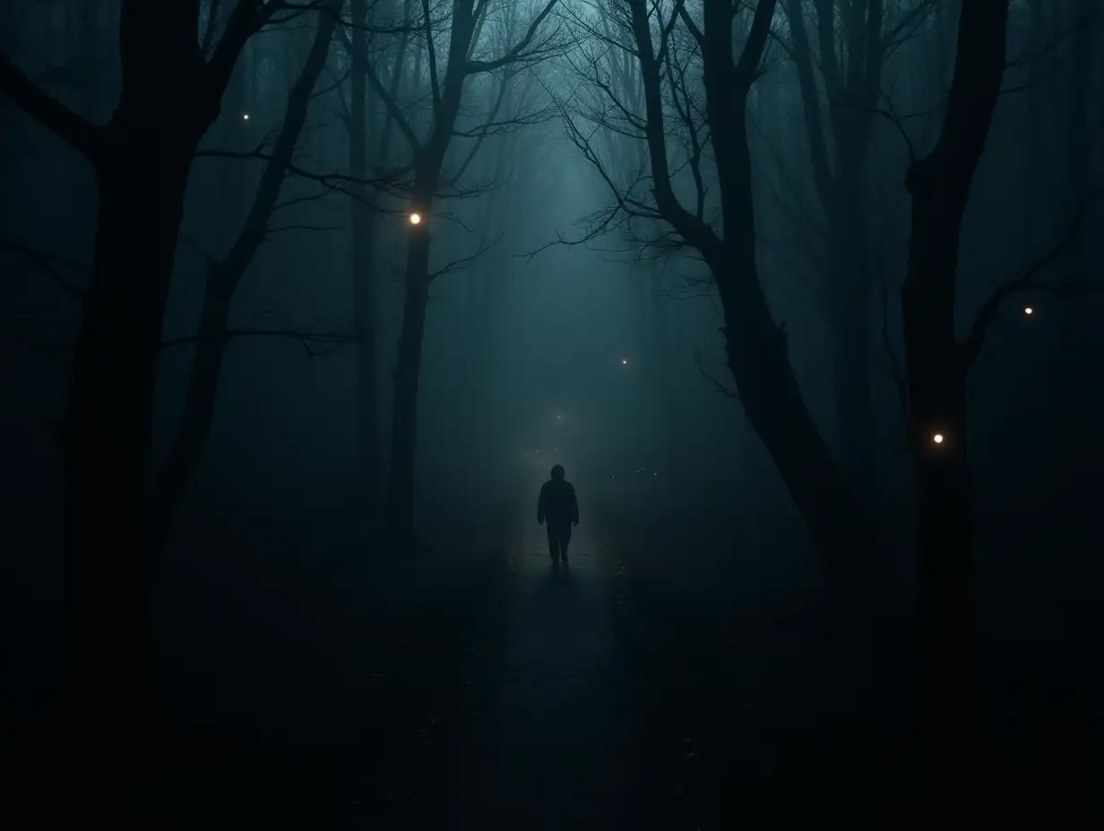 Eerie-BirdsEye-View-of-a-Dark-Misty-Forest-at-Night