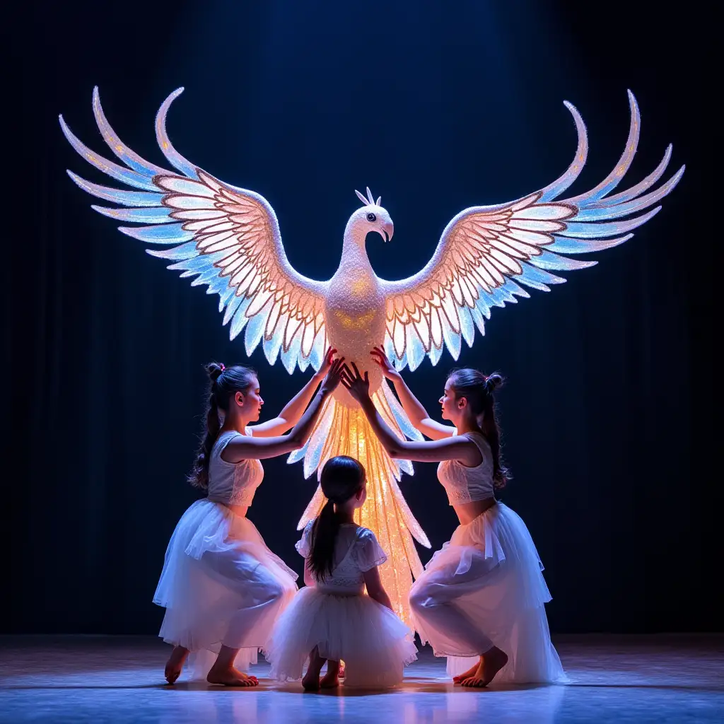 A mesmerizing stage performance where five girls form a unique and artistic structure that resembles a fantastical creature. The girls collaborate to create a majestic bird with their positions and movements, appearing as its wings, body, and tail. The creature is vibrant and glowing with intricate details, designed to captivate the audience. The performance takes place under dramatic stage lighting, with each girl's face clearly visible and expressive, showing dedication and grace. The overall setup looks magical and unique, showcasing creativity and teamwork.