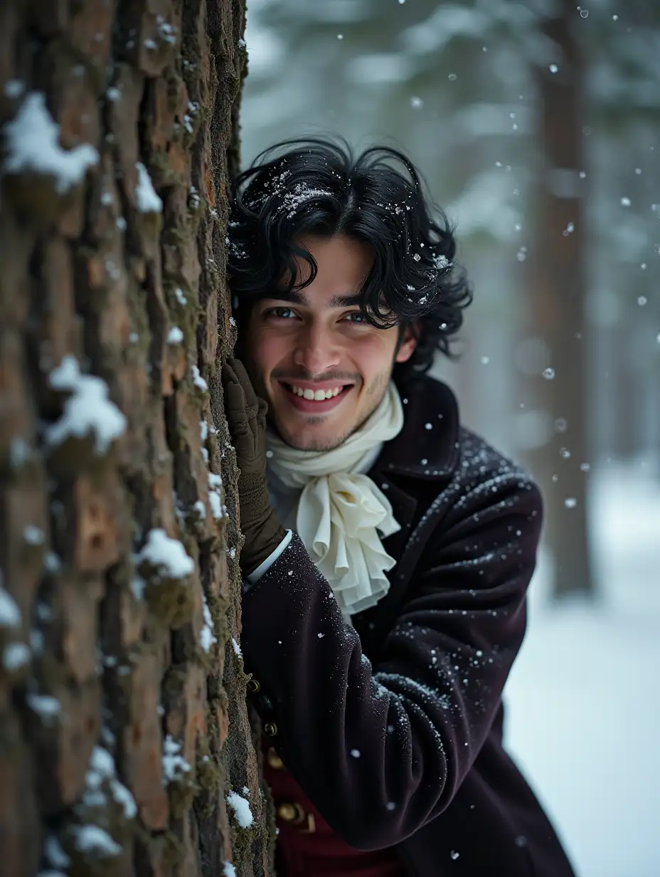 Winter, close-up, a young handsome guy prince with black hair just below the shoulders, in rich Victorian clothes, smiling playfully, peeking out from behind the trunk of a huge pine tree, dynamic pose, a snow-covered Victorian park with dense fir trees, snowfall, luxury, falling snow, masterpiece, raw style