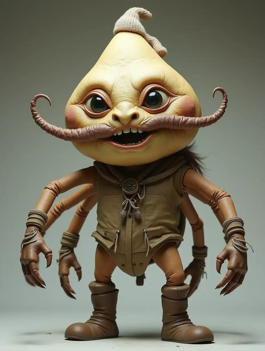 A large-sized alien creature with a pear-shaped head. Four crab-like eyes on its face. A large, fleshy mouth, human nose and long, sticking-out mustache in all directions. The body is like a pedestal. Wearing a space suit and a small knitted hat on the head. The creature has six arms like the Indian goddess Shiva and two legs with boots.