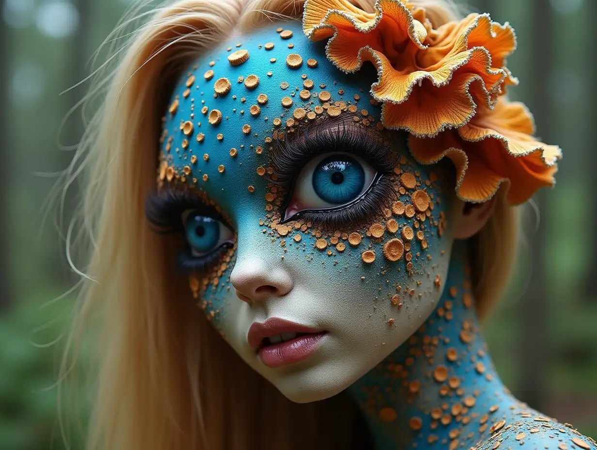 Face with blue Fly AgaricnRoots transformed into building