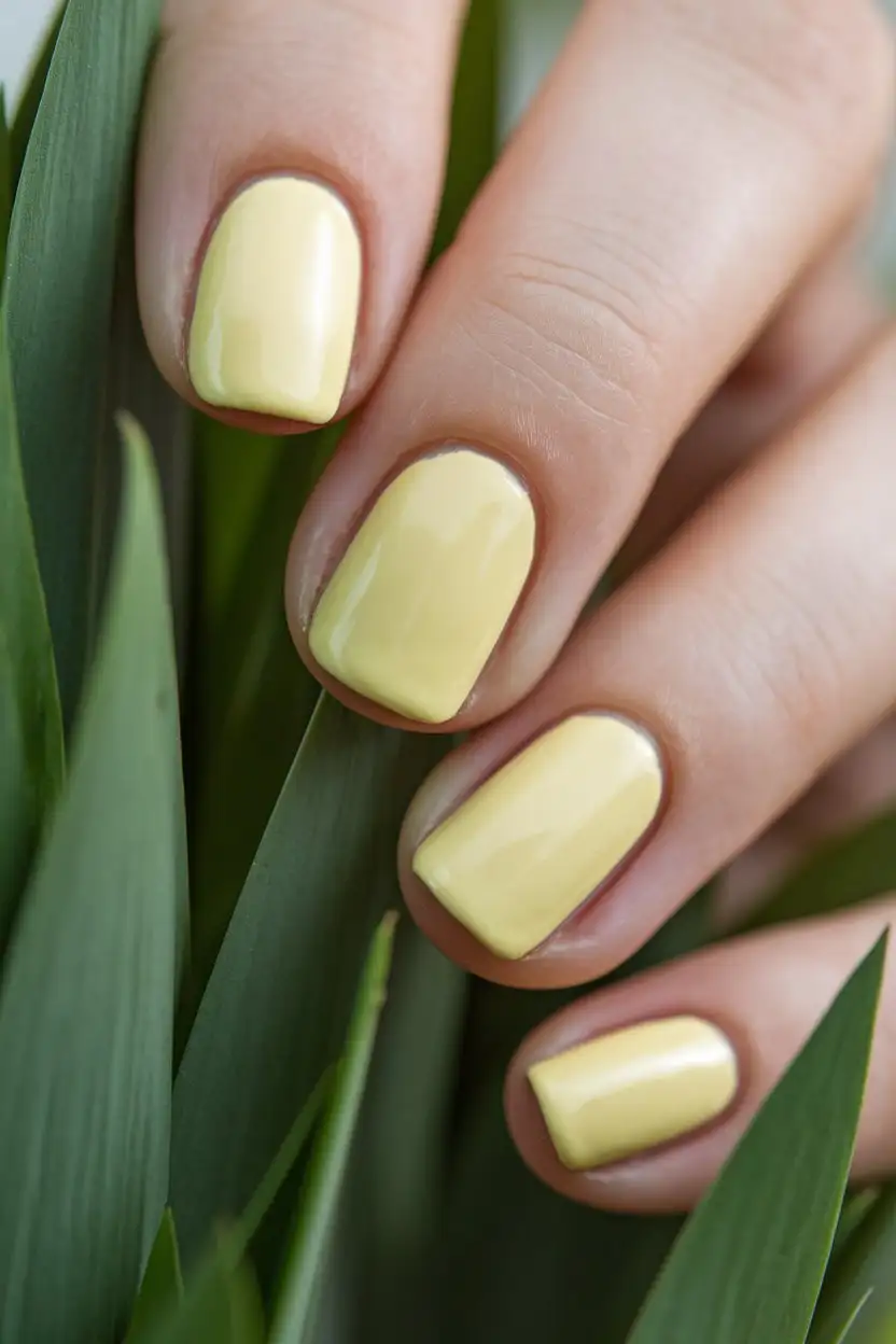 A close-up shot of a hand with perfectly manicured, medium-length nails painted in a creamy, soft buttercup yellow nail polish. The finish is smooth and glossy, reflecting soft, diffused natural light. The background is a slightly blurred image of fresh green spring leaves. The focus is sharp on the nails, showcasing the delicate and cheerful buttercup yellow color.