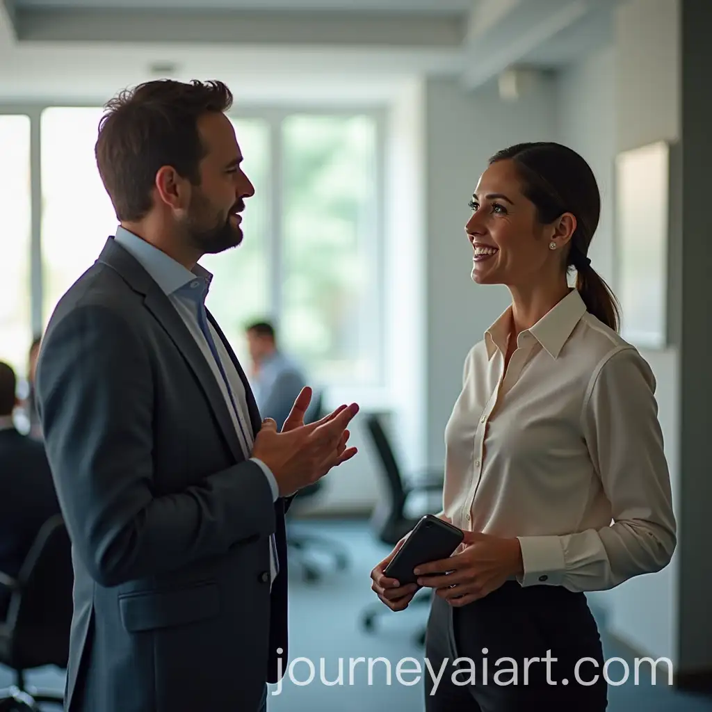 Two-Colleagues-Engaged-in-Conversation-in-a-Modern-Office-Setting