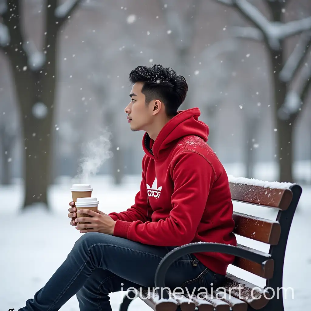 Young-Asian-Man-in-Red-Adidas-Hoodie-Enjoying-Snowfall-with-Coffee