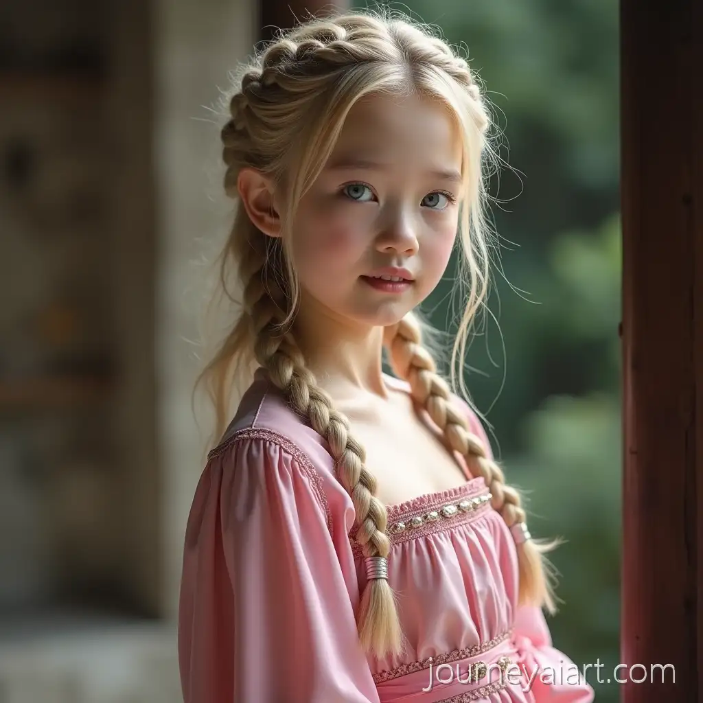 Blonde-AsianBlonde-Asian-princess-portrait-Princess-in-Pink-Dress-with-Braids-in-a-Medieval-Setting