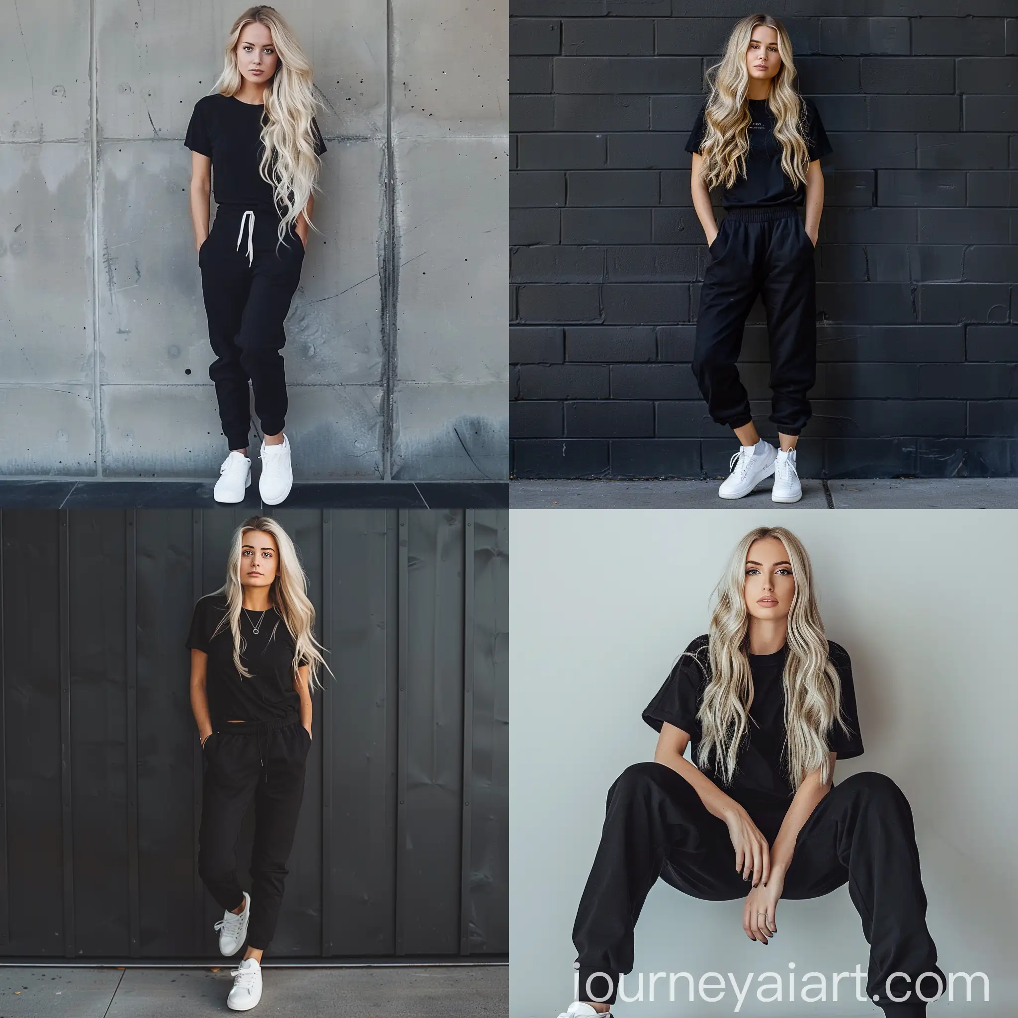 Blonde-Woman-in-Black-Jogger-Pants-and-TShirt-with-White-Sneakers