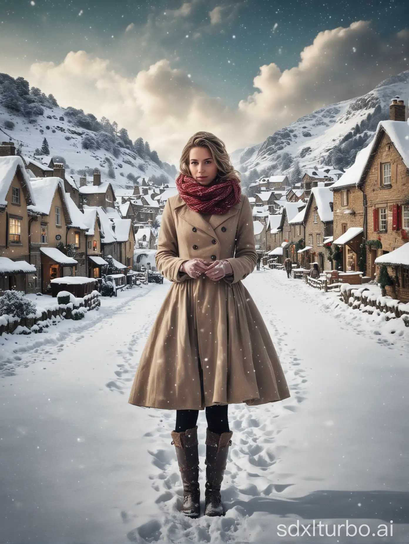 Woman-in-Snowy-Village-Celebrating-Christmas