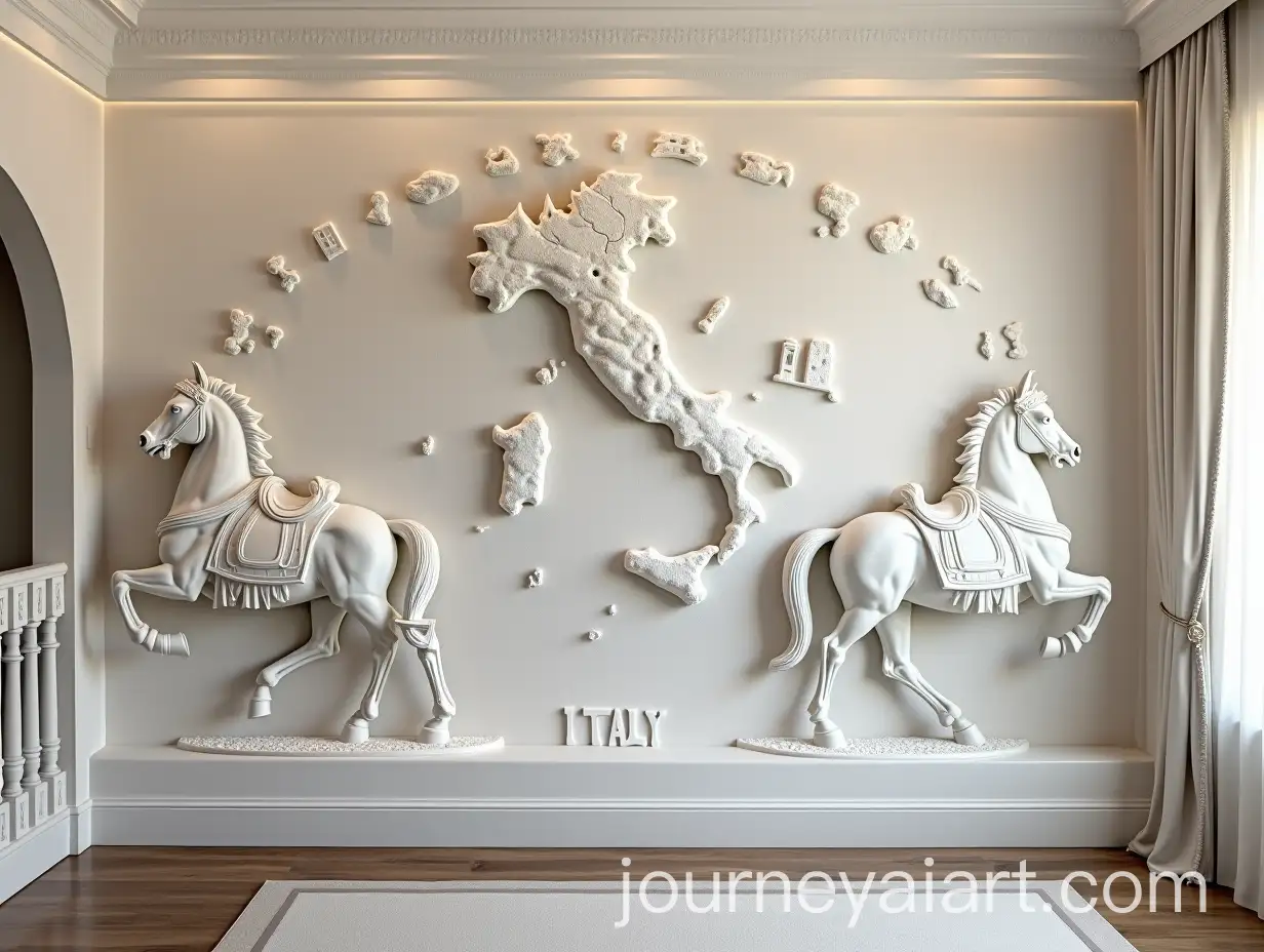 Roman-Style-Horse-Sculptures-on-Wall-with-Luxury-Attire-and-Illuminated-Italy-Map