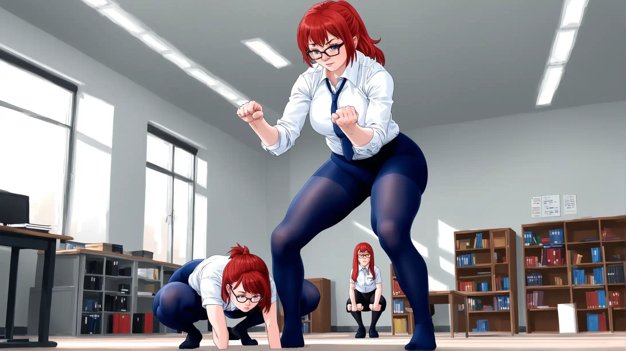 School Gym Workout Red Haired Girl and Gym Mistress in Office Exercise Session