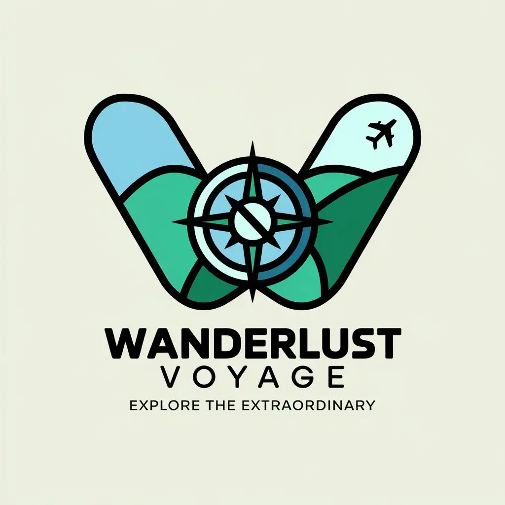 LOGO Design for Wanderlust Voyage Travel Badge with Compass Airplane in Blue Green and White