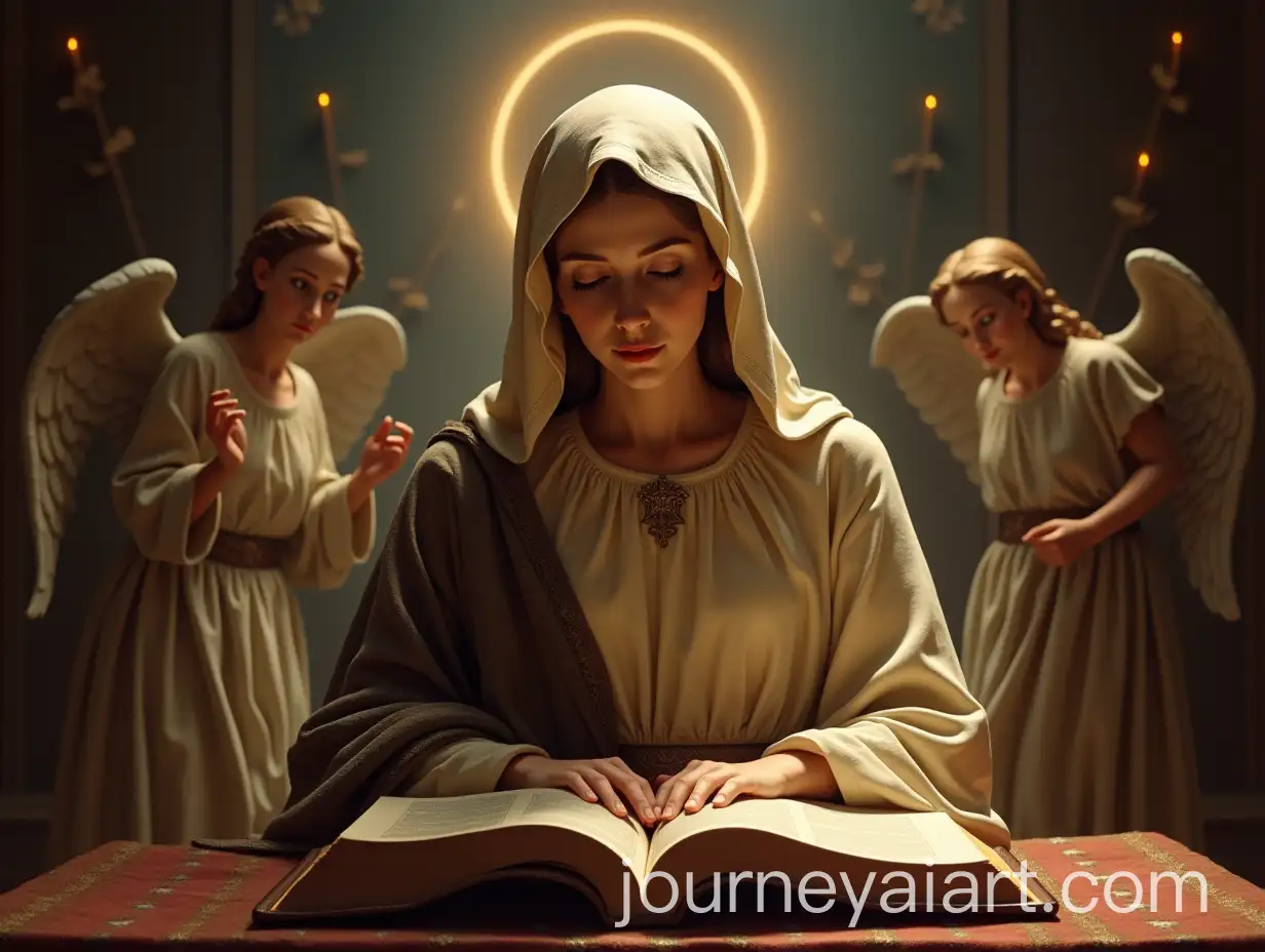 Holy-Mary-Reading-theAI-Image-Prompt-Expansion-Bible-Surrounded-by-Angels-in-a-Sacred-Setting