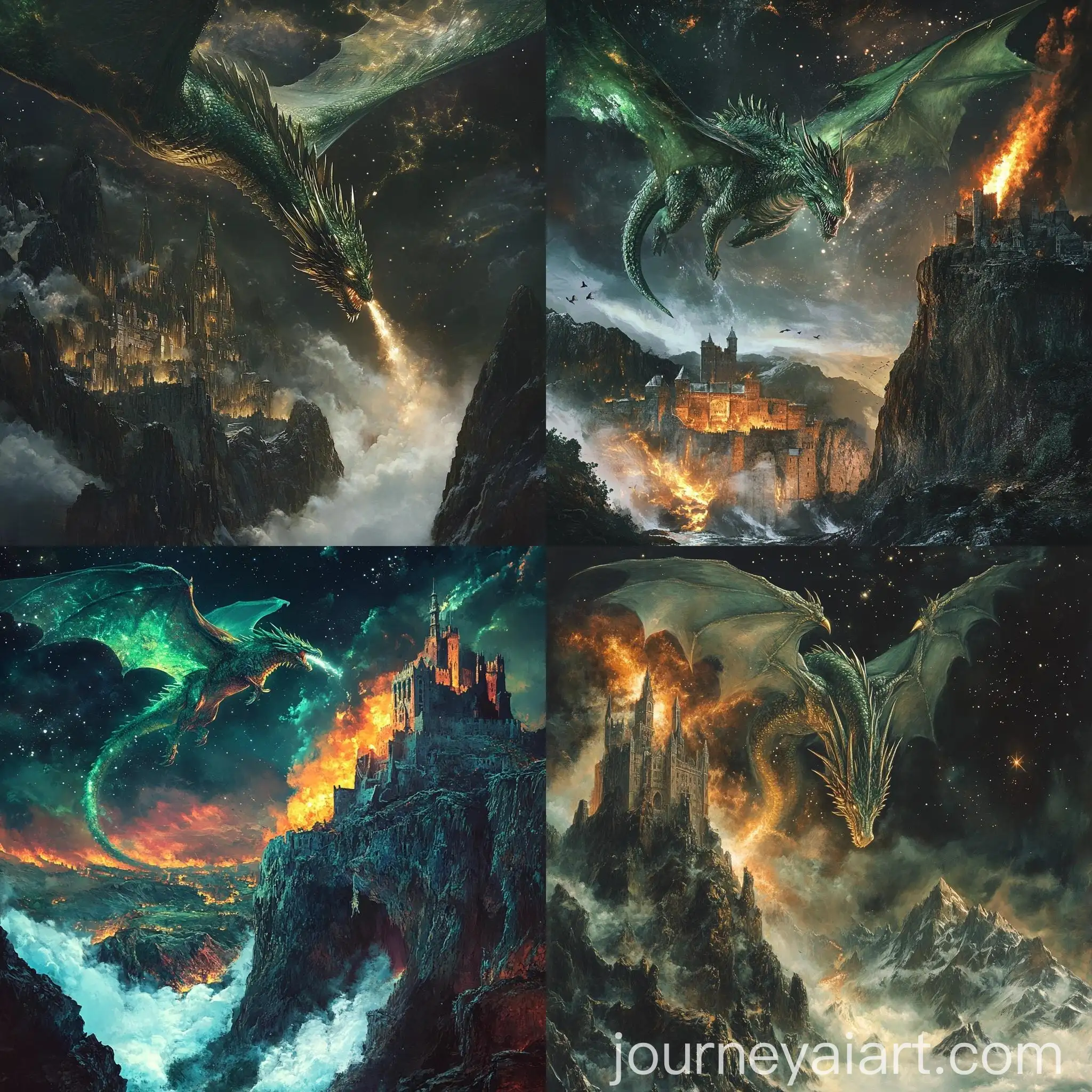 Majestic-Emerald-Dragon-Soaring-Above-Ancient-Castle-and-Mountain-Range