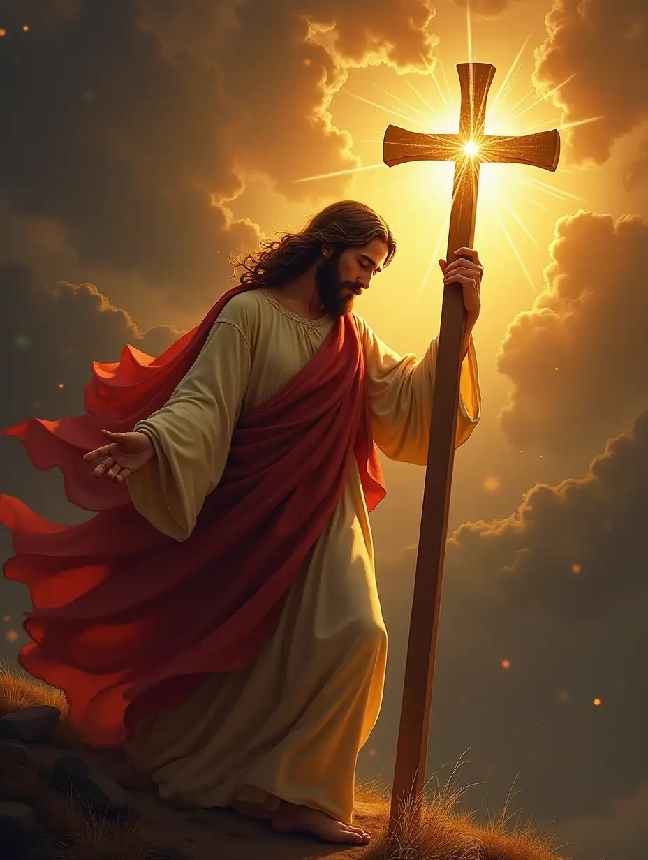 Jesus holding his glorious cross