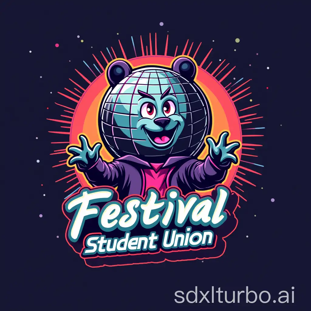 a logo for a festival themed student union with a disco ball mascot