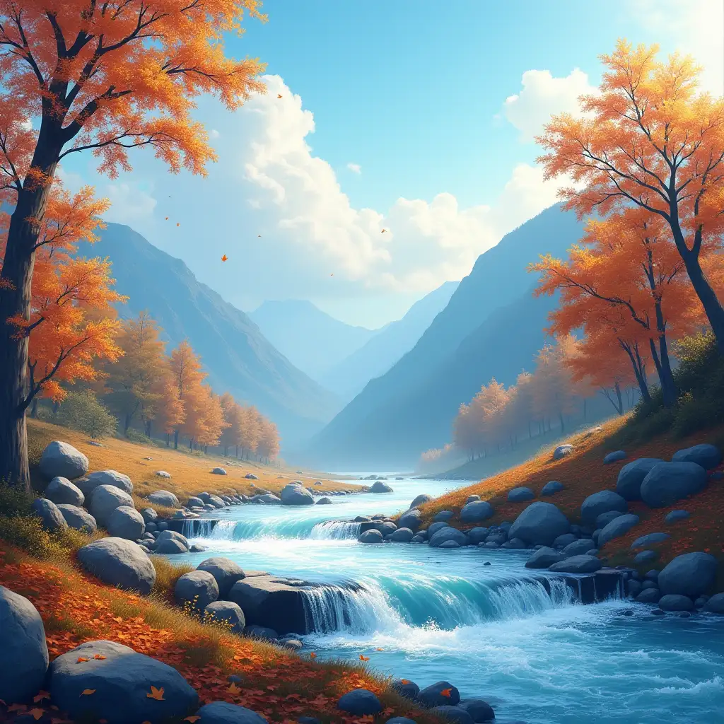 Light blue clouds float in the sky, the earth is covered with fallen leaves, the autumn scenery blends into the flowing water, the slanting sun reflects the mountains, and the high sky and flowing water merge into one.