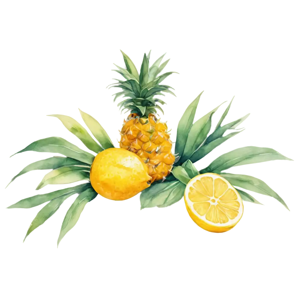 Bright-Floral-Composition-with-Pineapple-Lemons-and-Leaves-Watercolor-PNG-Image-for-Vibrant-Designs