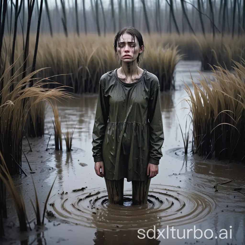 Lonely-Young-Woman-Standing-in-a-Cold-Muddy-Swamp