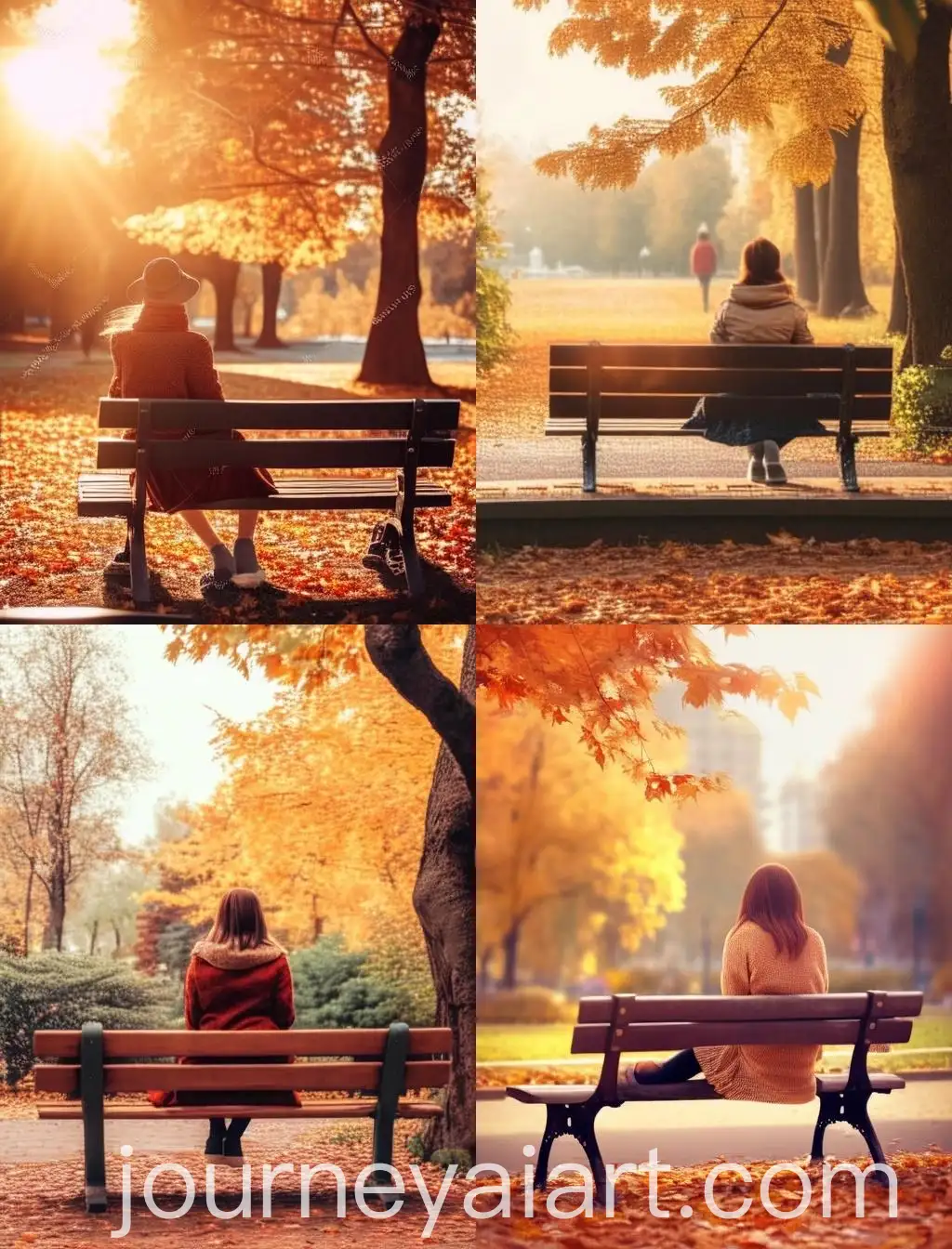 Brunette-Woman-Sitting-on-Bench-in-Sunny-Autumn-Afternoon