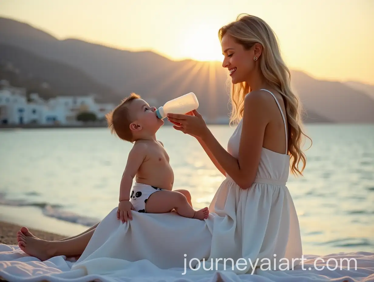 Beautiful-Woman-Bottle-Feeding-Baby-on-Greek-Beach-at-Sunset