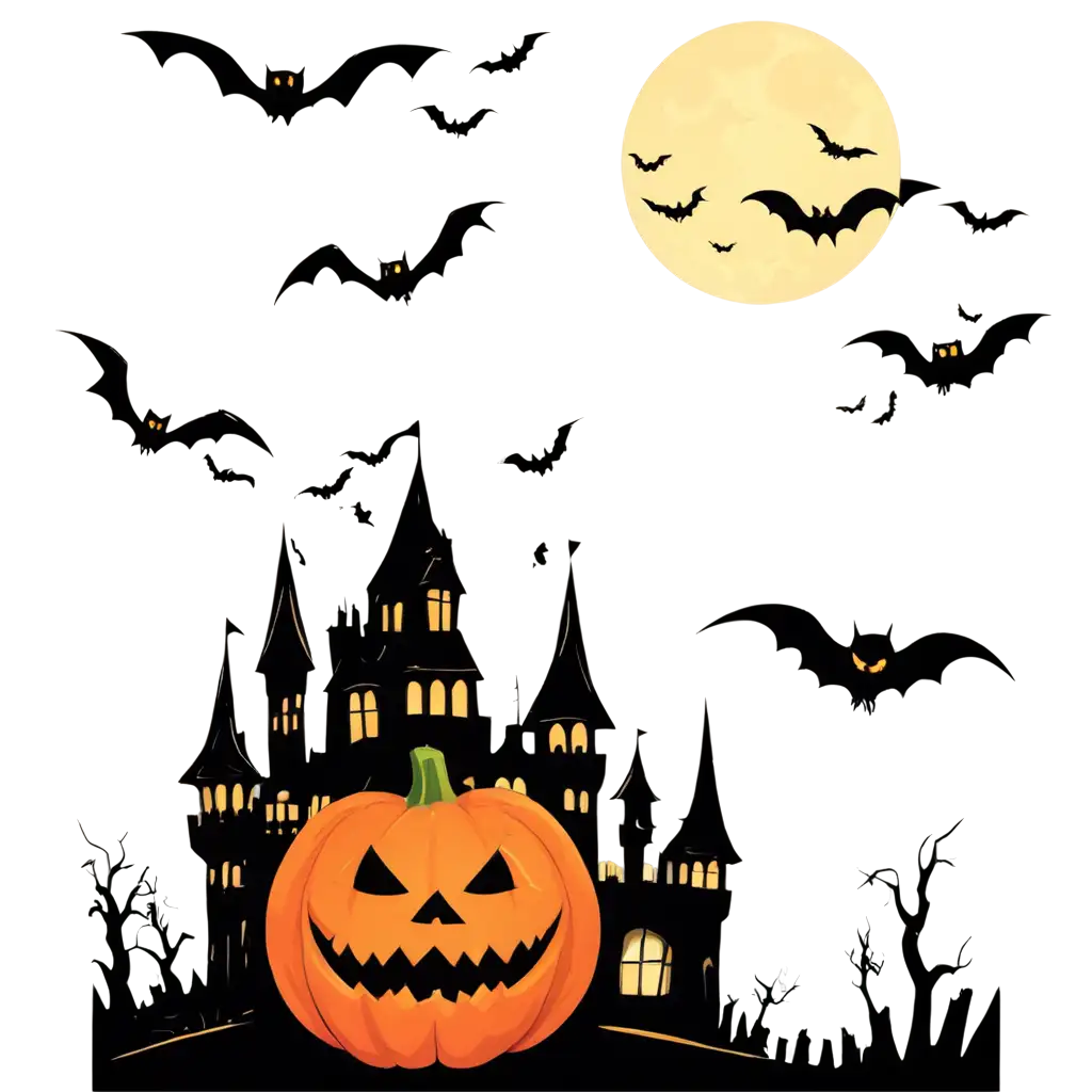 Illustration-of-Halloween-Pumpkins-in-Front-of-a-Spooky-Castle-and-Bats-PNG-Format