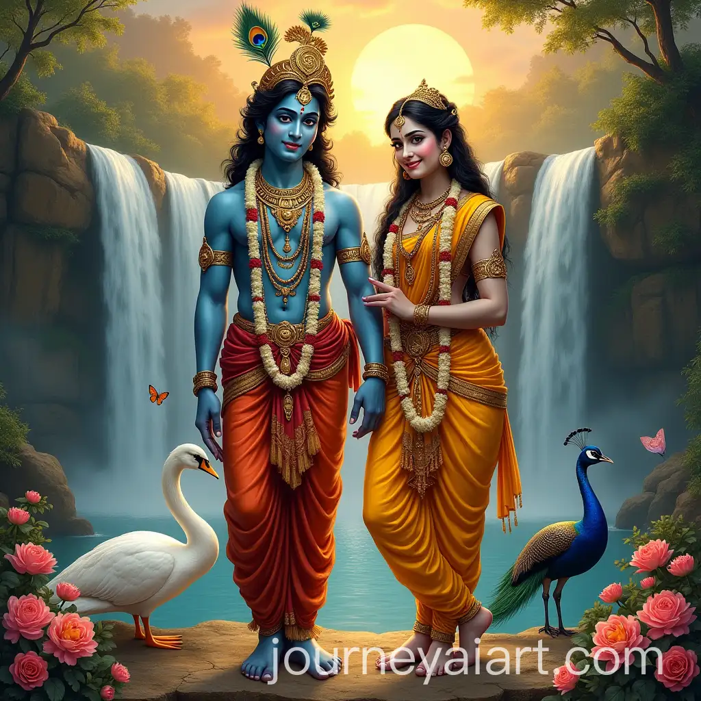 Radha-and-Krishna-in-Serene-Landscape-with-Waterfall-Flute-and-Peacock-Feather