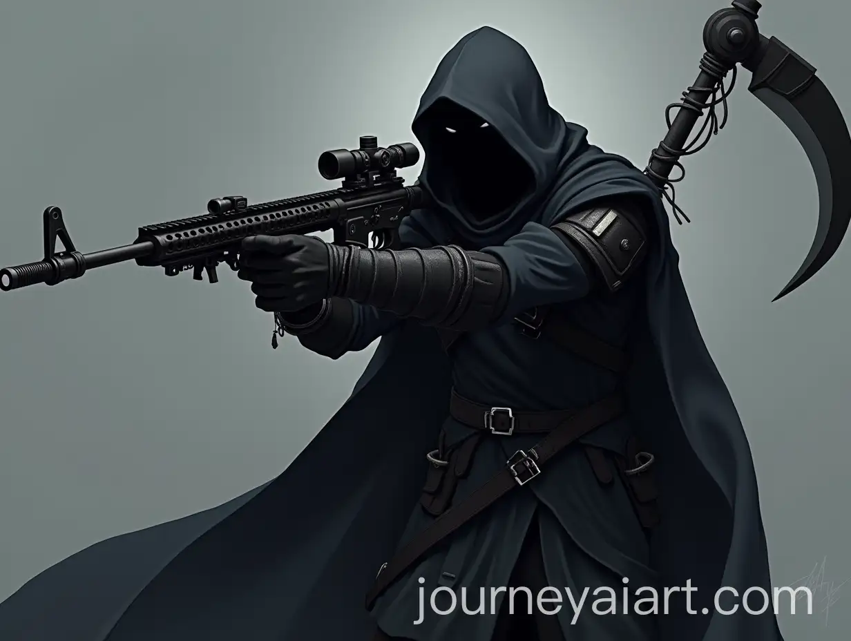 AI-Art-Prompt-ExpansionAnime-Black-Hooded-Man-in-Gothic-Armor-with-Rifle-and-Scythe-in-Attack-Stance