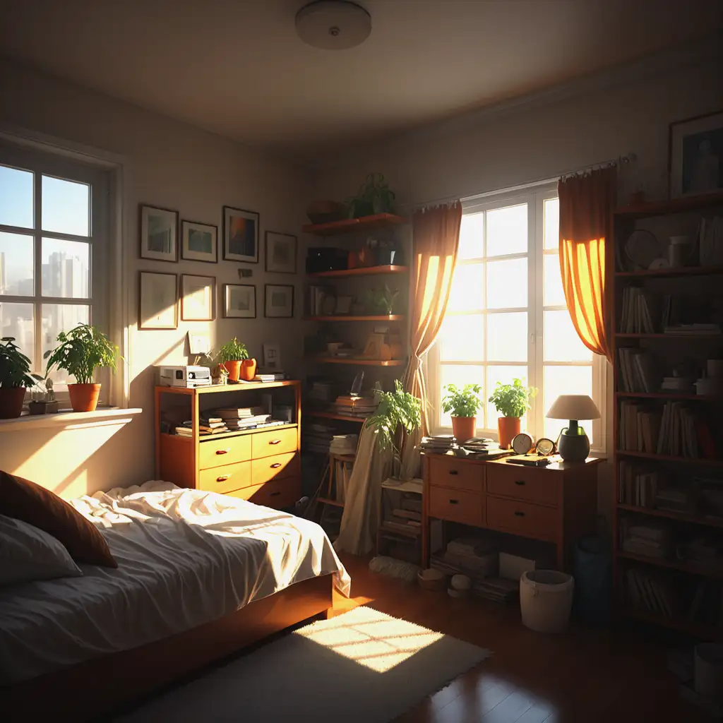 A room with a lot of things, fresh, sunlight coming in from the window, warm and comfortable. --ar 1:1 --v 6.0 (fast)