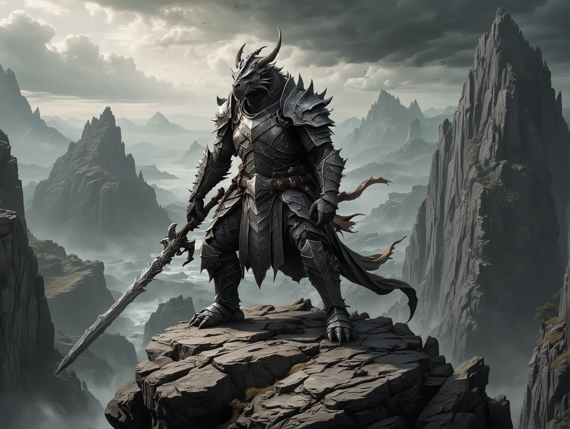 the grey dragonborn with big sword stands on top of a cliff