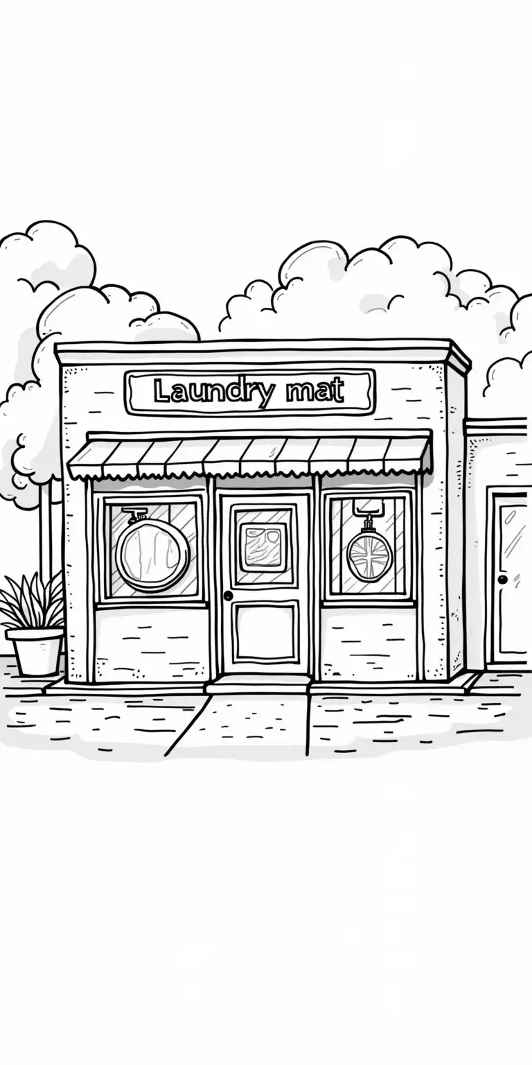 Detailed Black and White Illustration of an OldSchool Brooklyn Laundromat